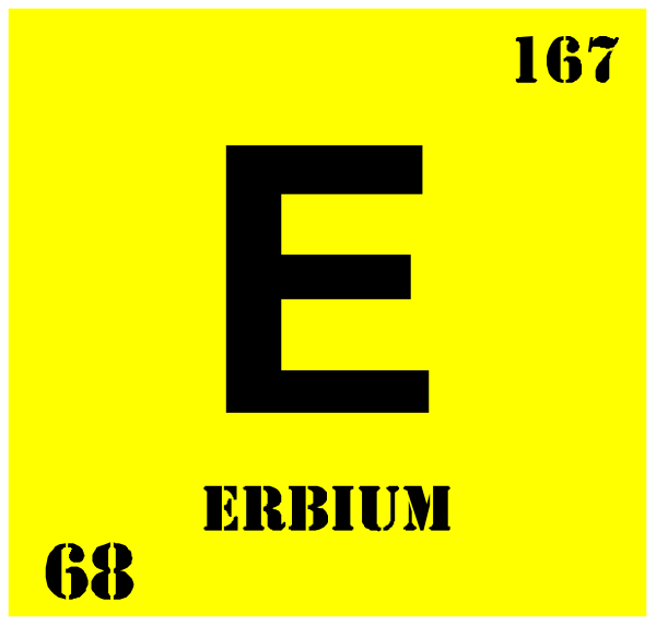 The periodic table element symbol "Erbium" with atomic number 57 is displayed on a yellow background within an atom-like shape that resembles its chemical structure. There's also text above it reading "#167."