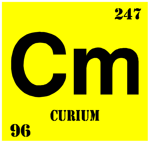 The image shows a periodic table element symbol "Cm" with its atomic number 96 next to it on top of another yellow box that says 'Curium'. Below this is an atom model depicting Curium, which has two protons and three neutrons in nucleus surrounded by six electrons. In the background there's a periodic table signifying element symbol "Cm" with atomic number 96 on top of it. The image also contains text that reads 'Curium'. This is an educational representation related to chemistry, specifically focusing on Curium as an element