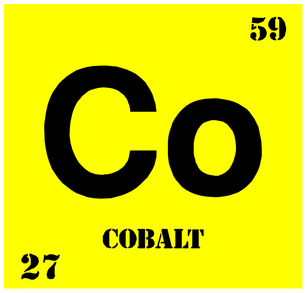 The periodic table element symbol for cobalt (Co) with a yellow background on top of it is displayed prominently in this image.