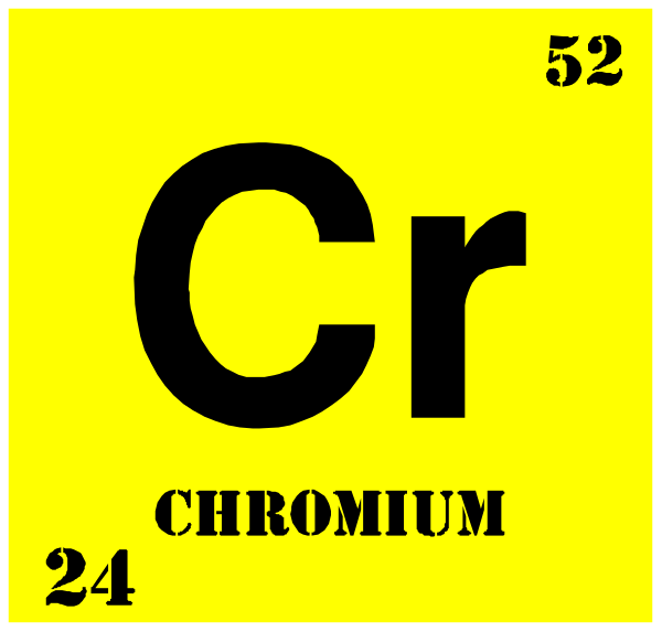 The periodic table element symbol for Chromium (Cr) with atomic number 52 is displayed on a yellow background within an atom-like shape that resembles its chemical structure in chemistry classrooms. There's also text above it reading "Chrome" and below it, the word "CROMNIUM." The image has a playful or educational feel to it due to these elements being commonly used for teaching purposes about periodic tables of elements within an atomistic model framework.
