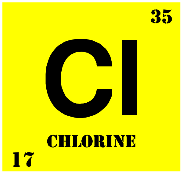 The periodic table element symbol for chlorine (Cl) with a yellow background is shown on top of another square that has "CHLORINE" written in black text below it.