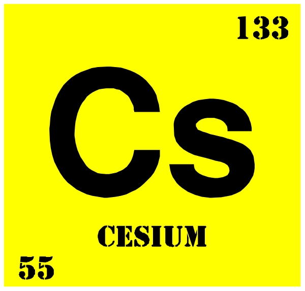 The periodic table element symbol for cesium (Cs) with its atomic number 55 is displayed on a yellow background within an atom-like structure that resembles a chemical flask containing liquid nitrogen, which has been used to cool down superconductors in experiments involving the study of high temperature superconductor materials. The image also includes text elements such as "Cs" and atomic number 55 above cesium's symbol on periodic table element chart. This is a small clip-art style illustration with educational purpose, likely used to teach about chemical symbols or
