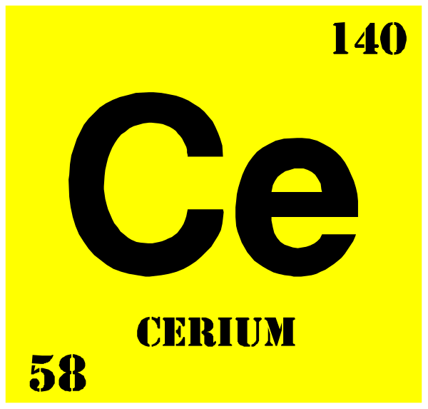 The periodic table element symbol for Cereium with its atomic number 58 is displayed on a yellow background within an atom-like shape that resembles a chemical flask containing liquid. There's also text above it reading "CERIUM" and below it, the name of the element in white letters against black background: "CEREIUM". The image has a playful or educational style with cartoonish elements typically associated with science education materials such as periodic tables and chemical flask.