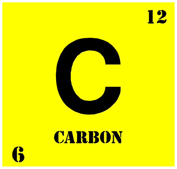 The periodic table element carbon (C) with a yellow background on top of it is shown within an atomic structure symbolizing its position in the chart.
