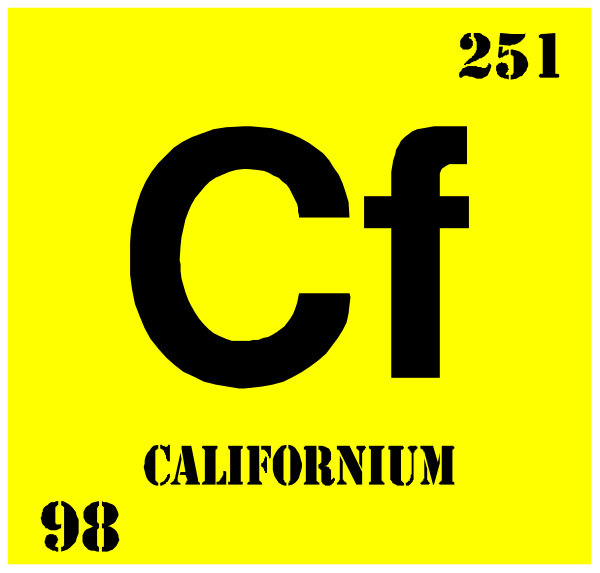 The image shows a periodic table with an atom symbol for calcium (Cf) highlighted at its position on the chart, which is 25th in order of atomic numbering; above it reads "Californium" and below that is the atomic weight "98." To the right side of this element's box are two other elements: Periodic table with an atom symbol for calcium (Cf) highlighted at its position on the chart, which is 25th in order of atomic numbering; above it reads 'Californium' and below that is the
