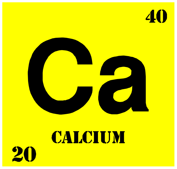 The periodic table element symbol for calcium (Ca) with a yellow background is shown next to an atom of carbon labeled "Carbon" in black text on top right corner.