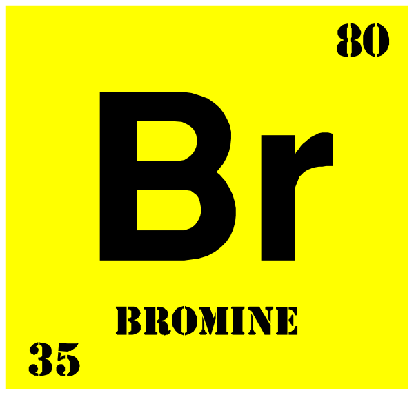 The periodic table element symbol for bromine (Br) with a yellow background is shown next to its atomic number 53 in black text on top of it. Below that, there's another image showing an atom model and name "BROMINE" at bottom right corner inside the square box representing this chemical element. The periodic table itself has other elements like Hydrogen (H), Helium (He) etc., but they are not in focus or highlighted here.