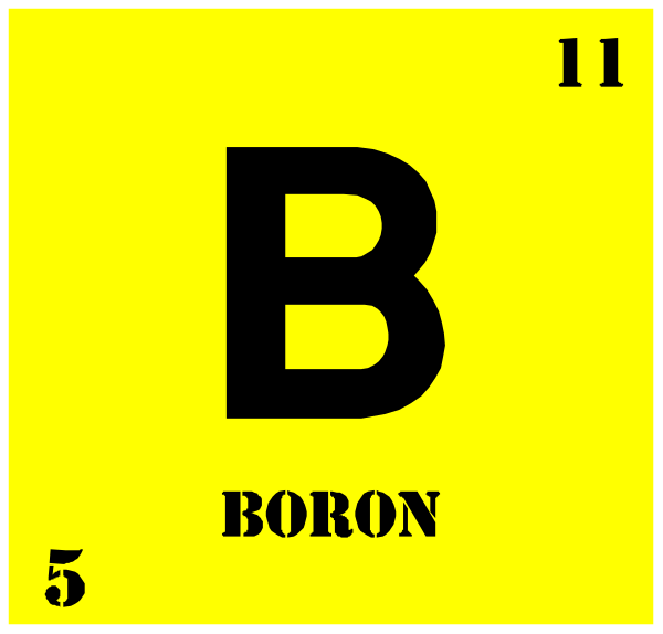 The periodic table with a focus on Boron (B) as element number 5. It is labeled "boron" in yellow text at top right corner of image. There's also an atomic symbol for boron and its position within the chart, which includes other elements like Hydrogen (H), Carbon (C), Nitrogen (N). The background color appears to be a light shade with black borders around each element box in periodic table.