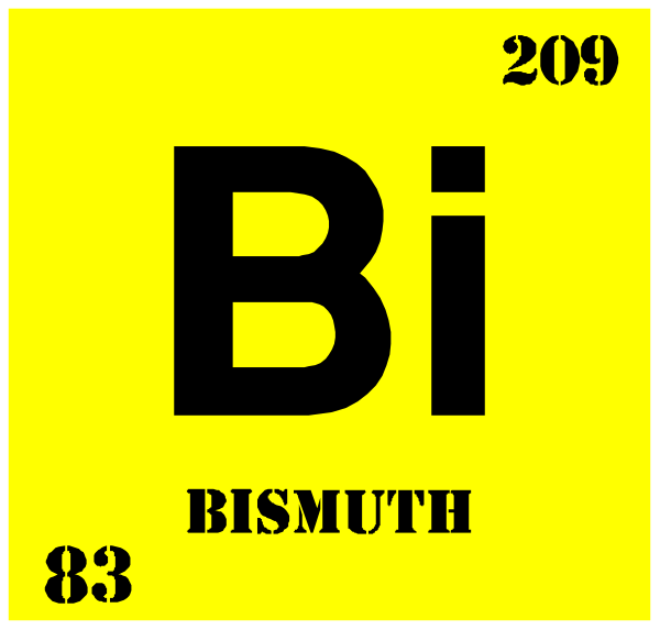The periodic table element symbol for bismuth (Bi) with a yellow background is shown next to its atomic number 83 in black text on top of it. Below that, there's an image of bismuth itself which appears as a metallic silver-gray substance or alloy and the word "BISMUTH" written below it in bold capital letters with a yellow background matching the one above. The atomic number 83 is also present on this line but smaller than that at top, indicating its position within the periodic table. There's no other text visible