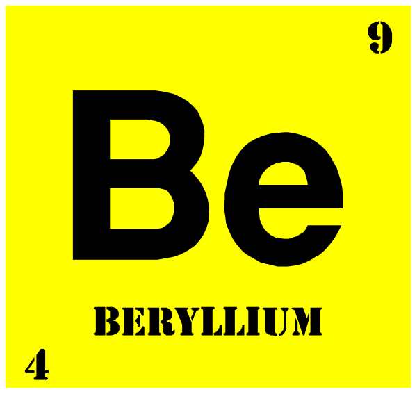 The periodic table with "Be" highlighted on it next to a yellow box that says "Beryllium."