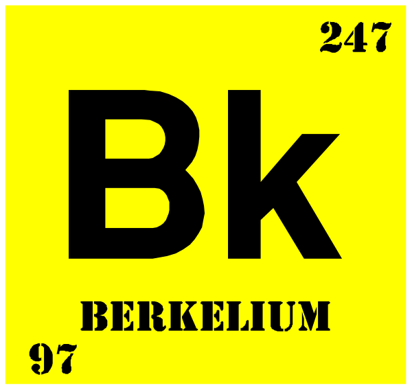 The periodic table with a focus on berkelium (Bk) element 97 symbolized by atomic number 51 in yellow box against black background.