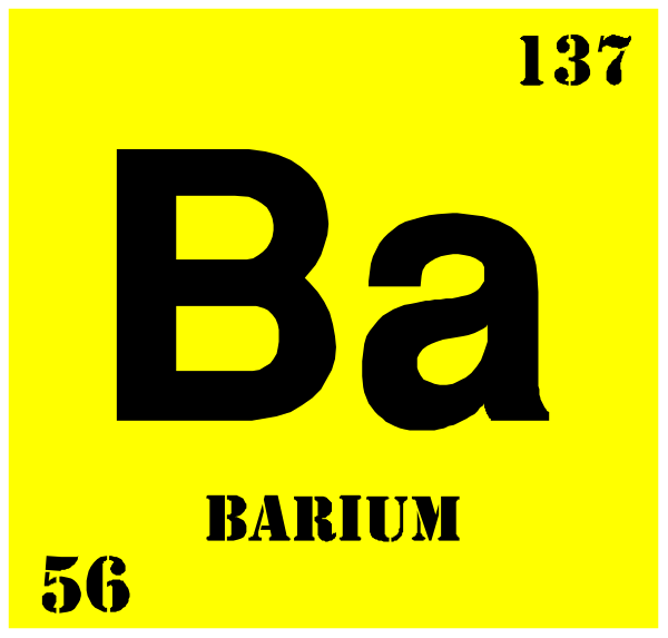 The periodic table element symbol for barium with its atomic number 56 is displayed on a yellow background within an atom sign. There's also another image of the same chemical element in black text above it, reading "Ba". Below this, there's additional information indicating that Barium has two protons and eight electrons. The periodic table symbol for barium appears to be superimposed on a yellow background with an atom sign around it.