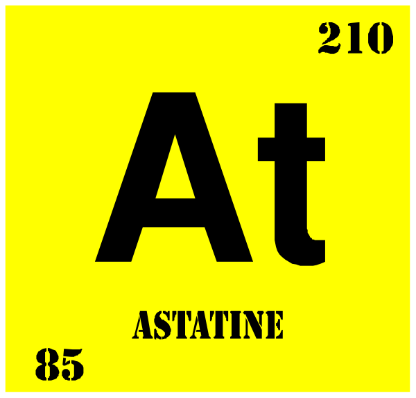 The periodic table element symbol for astigine (As) with atomic number 85 is displayed on a yellow background within an atom sign. There's also text that reads "Astigine" above it and below, there's another line of text reading "Periodic Table." In the bottom right corner, there are two numbers: '210', which could be interpreted as atomic number or some other reference to astigine in this context.
