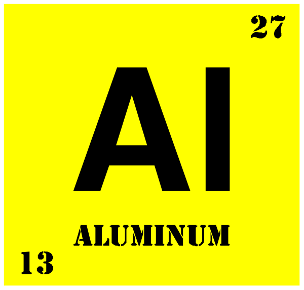 The atomic symbol for aluminum on a periodic table background with numbers 27 at top right corner indicating its position within that chart.