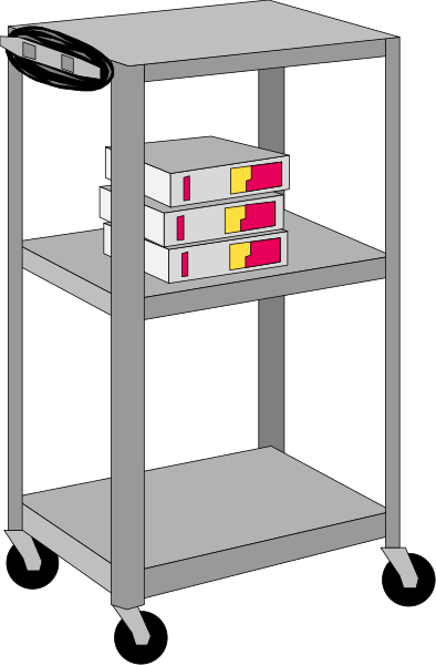 The cartoon shows a three shelf metal trolley with books on it against a black background.