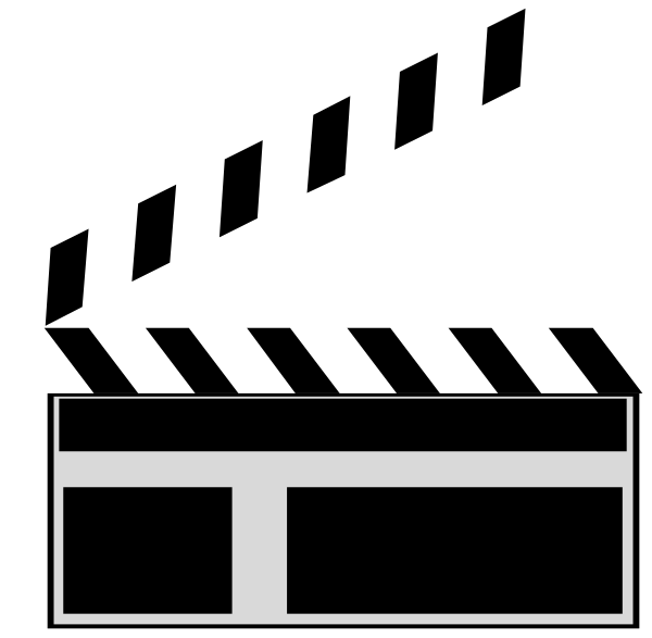 The image shows a black film clapperboard with white borders against a plain background.