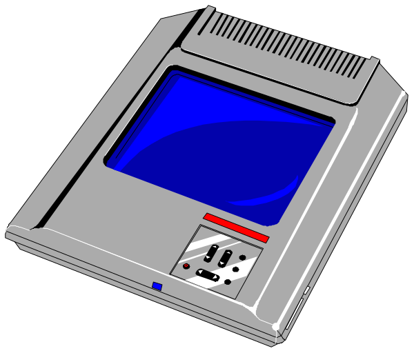 The image shows a gray Game Boy with its screen displaying blue graphics on it, placed next to an open laptop computer that has no visible keyboard or trackpad.