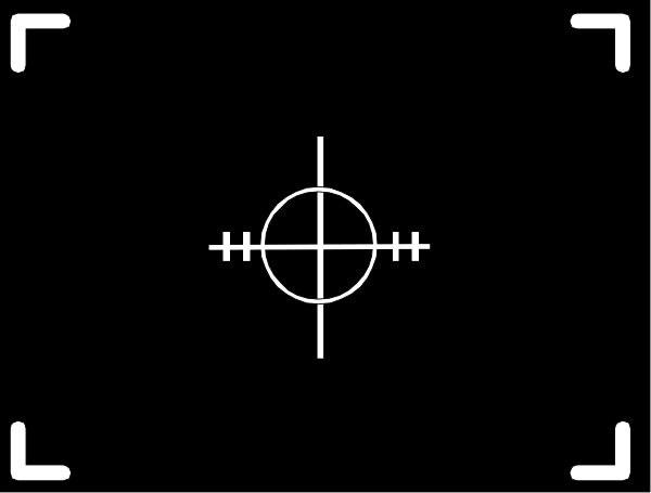 The image shows a black screen with white text at top left corner that reads "SCOPE" followed by two lines pointing upwards to form an angle of 45 degrees from each other; below this, there is another line extending horizontally across the center and ending in what appears to be a crosshair or target. The background behind these elements has indistinct shapes that could represent various objects but are not clearly defined due to their small size within the image frame.
