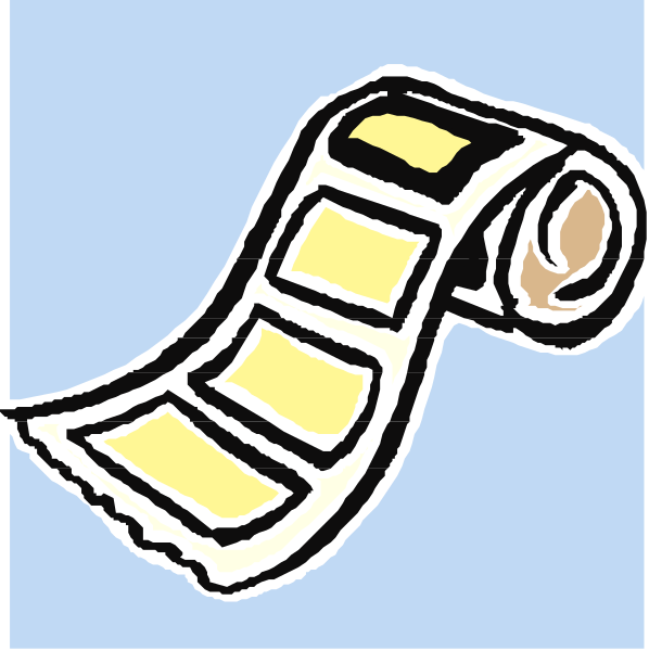 The image shows a roll of film with an illustration on it that appears to be unrolling from left to right across another piece of paper; there is no text present in this clip-art image.
