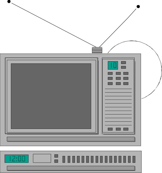 The illustration shows a microwave oven on top of an electronic device that resembles a small refrigerator with buttons in front, placed next to what appears to be a computer monitor displaying green text against a black background and showing time as 10:35 PM; the setting is indoors. The image has a cartoon-like style typical for clip art illustrations. There are no people or animals present in this scene.