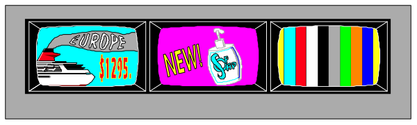 The image shows a row of colorful signs with various designs on them displayed against a gray background; there is no text present in this clip-art illustration.