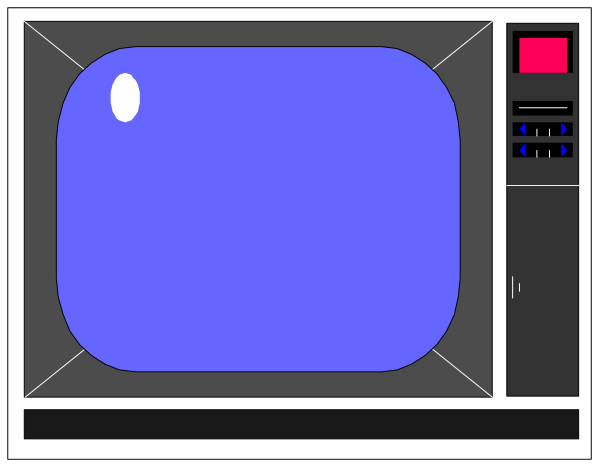 The image shows a pixelated representation of an old television with blue liquid inside it placed on top of what appears to be a microwave oven in front of two small windows within a room that has gray walls, and there is no text present.