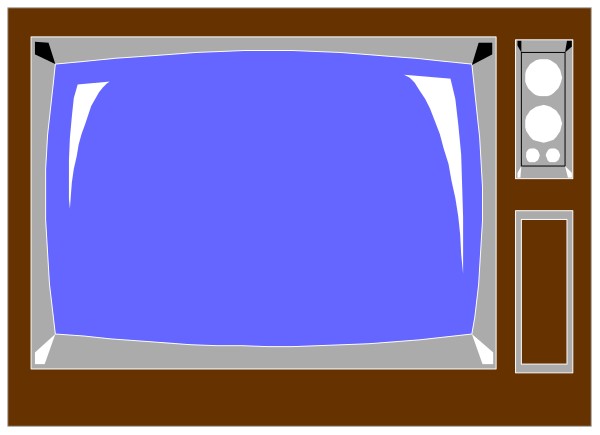 The image shows a television set with an empty screen inside of it, placed on top of what appears to be a wooden entertainment center in front of which is a gray wall.