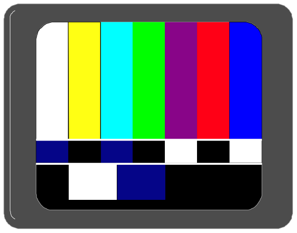 The image shows a television screen displaying colorful static with multiple colored bars across it, resembling an old-fashioned TV signal test pattern; to its right is what appears to be a small black and white checkerboard graphic that could represent a pixelated or glitchy effect.