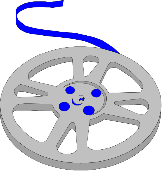 The image shows a single frame of an animated film featuring two wheels: on top is a blue wheel with three spokes; below it is another silver-colored metal disc that appears to be part of some machinery or equipment, possibly related to transportation given their design and context within this small clip art piece.