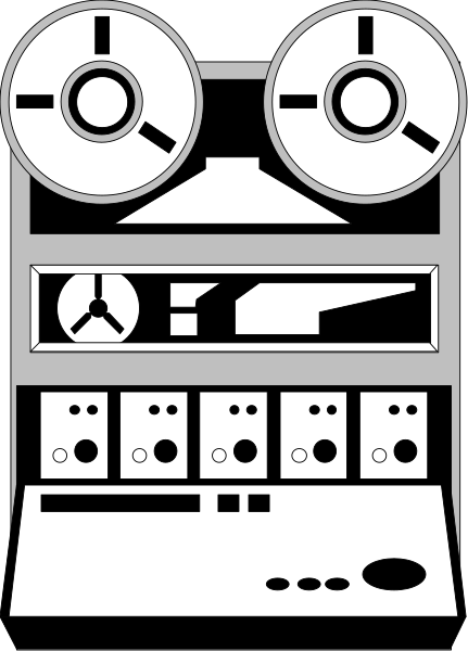 The image shows a black and white illustration of an old stereo system with various components such as speakers, turntables, tape decks, and other audio equipment stacked on top of each other in front of what appears to be a microphone stand or speaker grille.