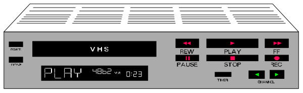 The image shows a vintage video game console with buttons labeled "play," "pause," etc., set against an abstract background that resembles circuitry patterns in shades of gray.