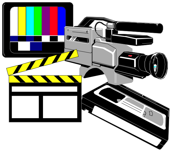 The image shows a collection of filmmaking equipment including an old camera with a lens attached to it on top left corner; in front is a clapperboard displaying "1" for scene number one; next to that, there's a color palette icon representing different colors used in video production.