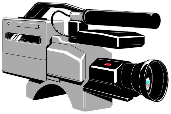 The black and white illustration shows a camera with various attachments on its side placed next to it is an action figure of a person holding up their hand in front of them as if taking a picture.