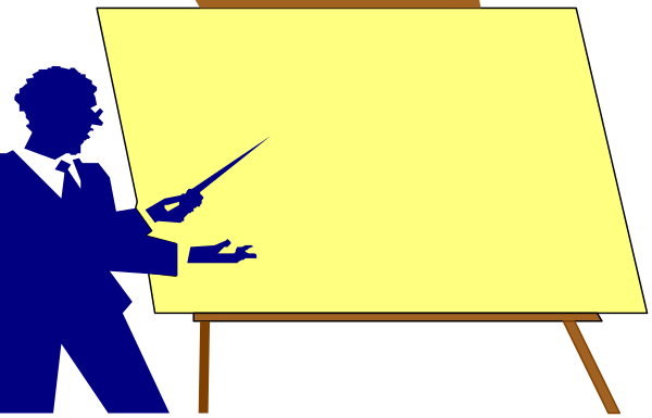 The image shows a presentation board with two figures standing on either side of it; both individuals appear to be engaged in an activity related to writing or presenting information.