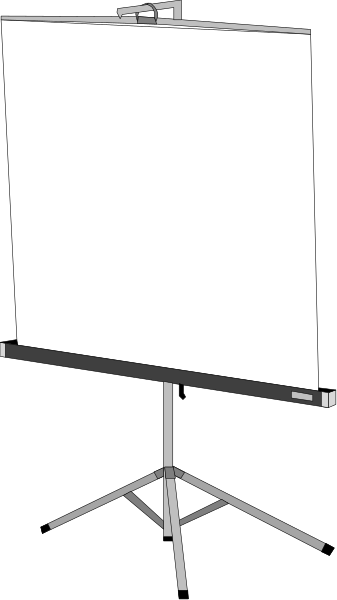 The image shows a black projector screen on an easel with white borders against a dark background.