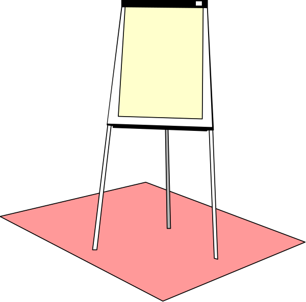 The image shows a simple black and white illustration of an easel with no paper on it placed next to what appears to be a small stage set up in front of pink flooring.