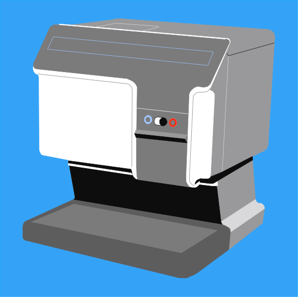 The illustration shows a printer with its door open on top of an unseen surface against a blue background.