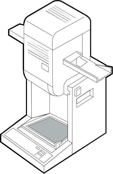 The black and white illustration shows a coffee machine with various parts such as buttons on its front panel, an opening for inserting coins at top left corner, and two spouts to dispense beverages located below it in what appears to be a kitchen setting.