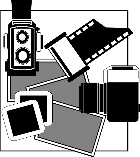 The black and white illustration shows a collection of items on top of what appears to be an electronic device with speakers around it; there is also a camera in front of this arrangement.