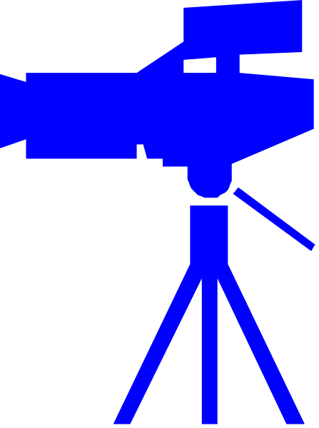 The image shows a blue camera with tripod legs on it against a gray background.