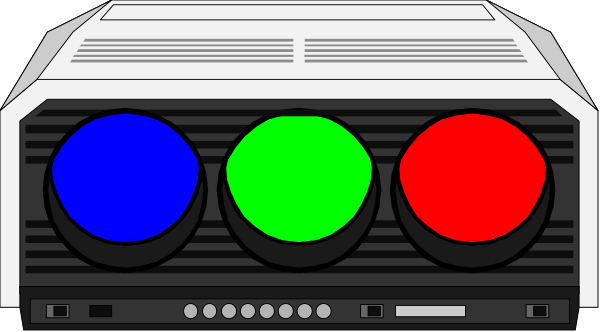 The image shows a graphic representation of an electronic device with three colored lights: red on top left, green at bottom right, blue in center-right side.