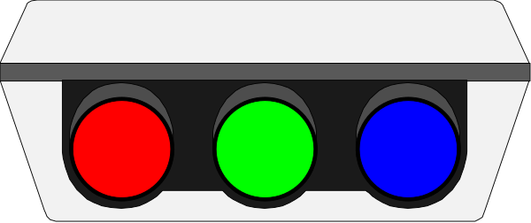 The image shows a traffic light with three colored lights: red on top left, green at bottom right, blue centered between them all.