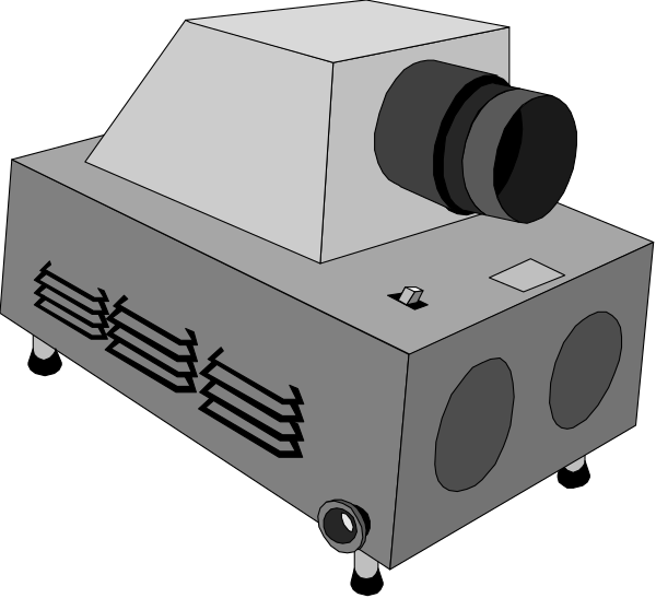 The image shows a black and white illustration of two projectors with lenses facing each other on what appears to be an easel-like structure against a dark background.