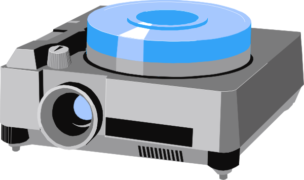 The image shows a projector with its lens open against an indistinct background; it is depicted as if viewed from above in grayscale tones without color detailing.