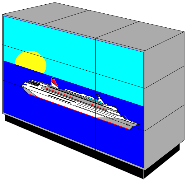 The image shows a digital rendering of two panels with different scenes: on top is an ocean scene at sunset featuring a cruise ship; below it appears to be a cityscape during daylight hours under clear skies, possibly indicating travel between locations by sea and land transportation respectively.