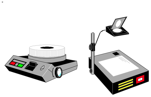 The black and white illustration shows a collection of office equipment including a camera on tripod with an attached lens cap, a projector screen displaying what appears to be a presentation slide showing two images side by side: one is a microscope under magnification revealing small details; the other image depicts a 3D printer in operation. The setting suggests scientific or technical research and development environment. There are no people or animals present in this clip-art illustration, focusing solely on equipment used for such purposes. No actions can be discerned from still images provided herein.