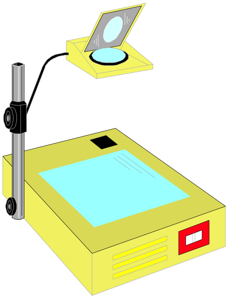 The illustration shows a yellow desk with an open laptop on it next to what appears to be a small printer-like device that has paper in its tray. There is also a magnifying glass attached above this machine, and there's some kind of electronic equipment or monitor connected at the top left corner of the image. The background is black.