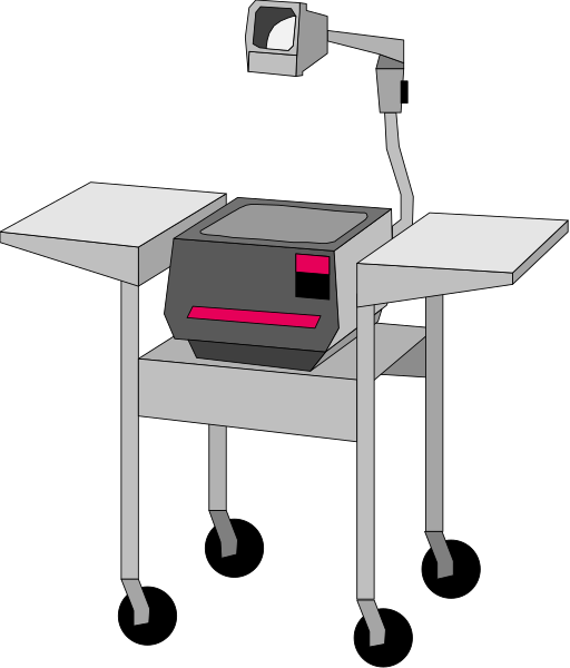 The image shows a cartoon depiction of an office desk with various items on it: there is a computer monitor displaying what appears to be a spreadsheet; below that sits a printer which has been turned off, indicated by its red light and closed door; next to this are two stools or chairs. In front of the tabletop where these objects rests an open laptop with no visible screen content. The background is plain black, providing contrast for visibility purposes.