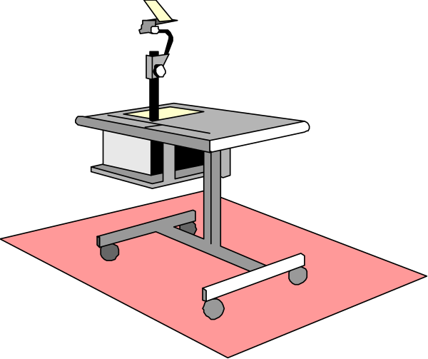 The image shows a simple black and white illustration of an office desk with a computer monitor on top, placed inside what appears to be a room that has red carpeting underfoot.