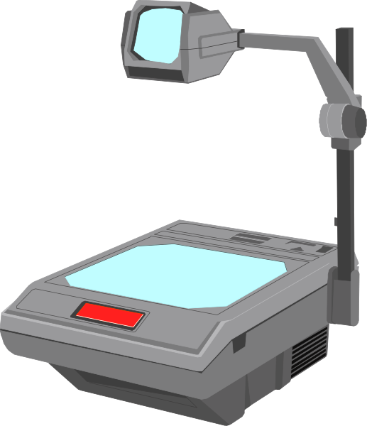 The image shows a computer monitor with an attached camera on top of it placed next to what appears to be a projector screen displaying green text that is too small for me to read clearly in this description.
